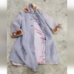 Vintage Gray Wool Coat Tan Faux Fur Trim Large XL Xlarge